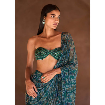 ITRH Blue Sia Pre-Draped Saree with Stitched Blouse