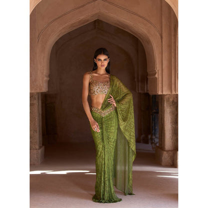 ITRH Green Tiaa Pre-Draped Saree with Stitched Blouse