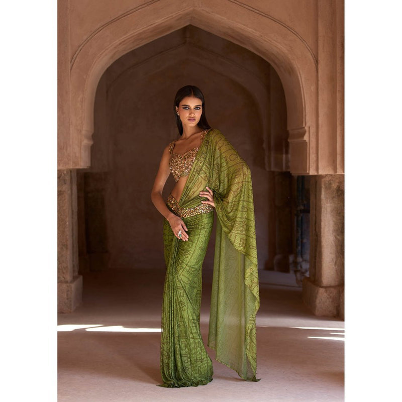 ITRH Green Tiaa Pre-Draped Saree with Stitched Blouse