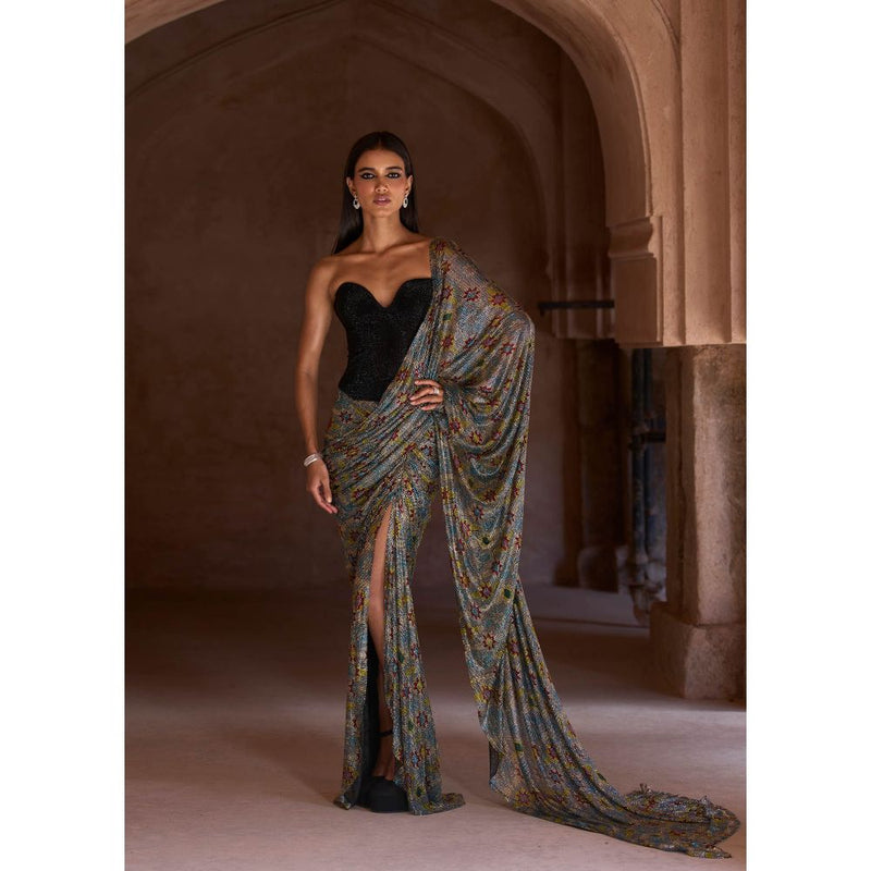 ITRH Blue Sana Pre-Draped Saree with Corset with Stitched Blouse
