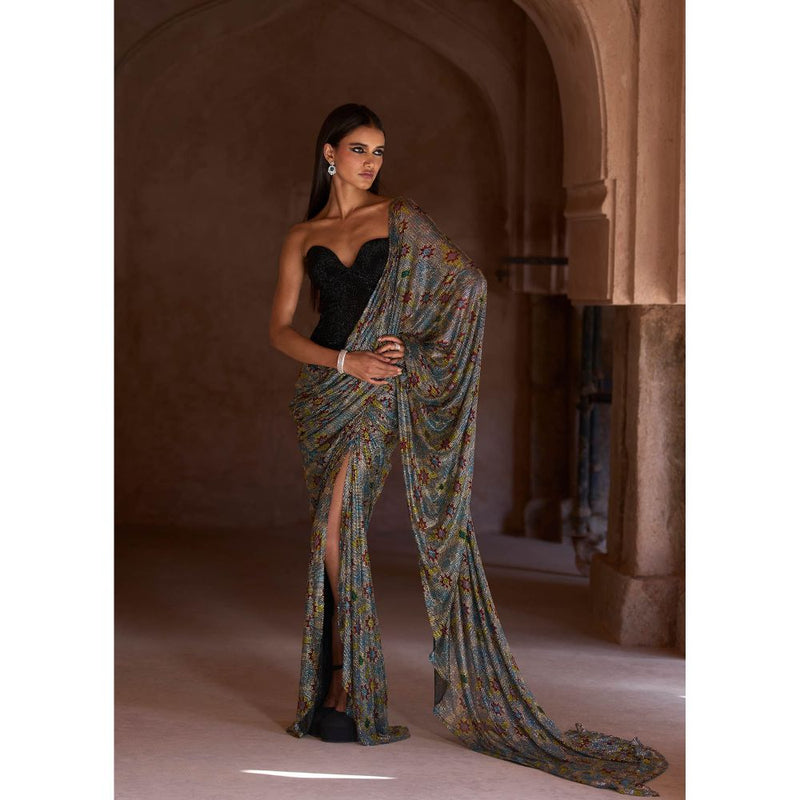 ITRH Blue Sana Pre-Draped Saree with Corset with Stitched Blouse