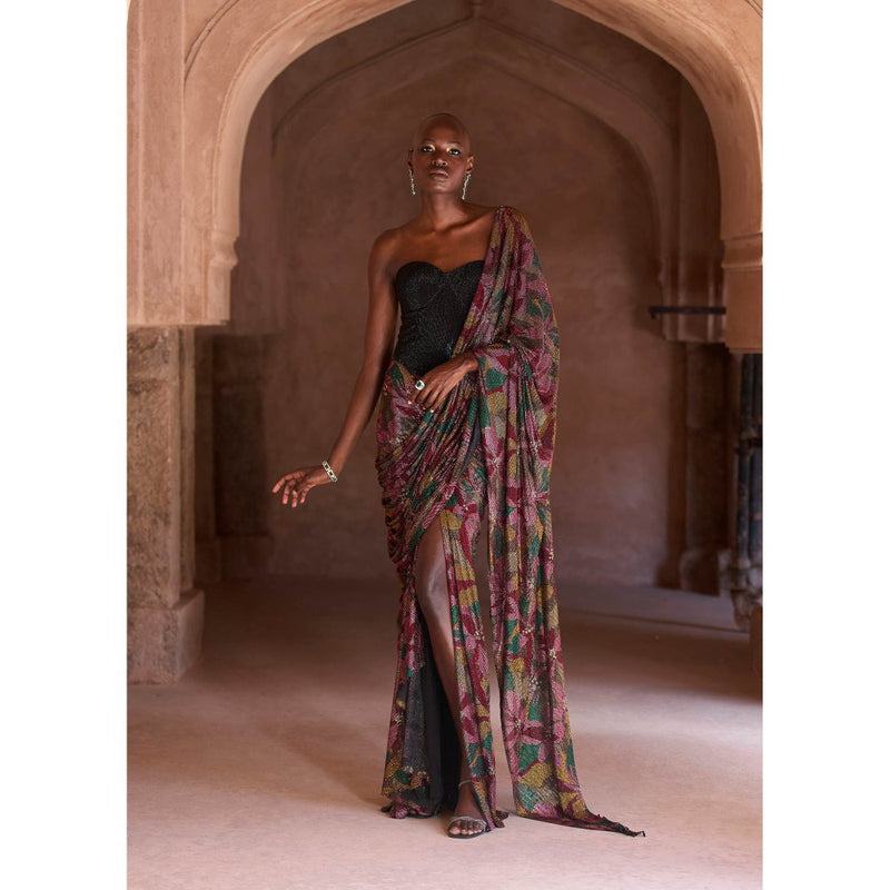 ITRH Pink Yasmeen Pre-Draped Saree with Corset with Stitched Blouse