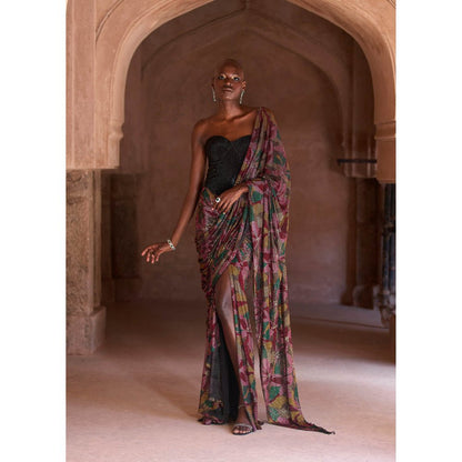 ITRH Pink Yasmeen Pre-Draped Saree with Corset with Stitched Blouse