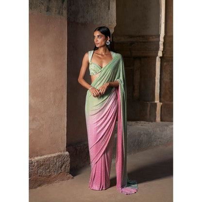 ITRH Green Aaliyah Saree with Stitched Blouse