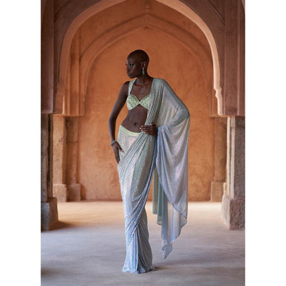 ITRH Blue Sanch Pre-Draped Saree with Stitched Blouse