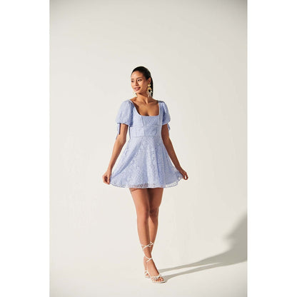 Ivory Rose Blue Allure Balloon Lace Sleeve Mini Dress