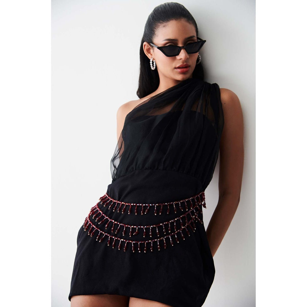 Ivory Rose Black Charlotte One Shoulder Organza Mini Dress