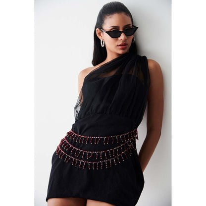 Ivory Rose Black Charlotte One Shoulder Organza Mini Dress