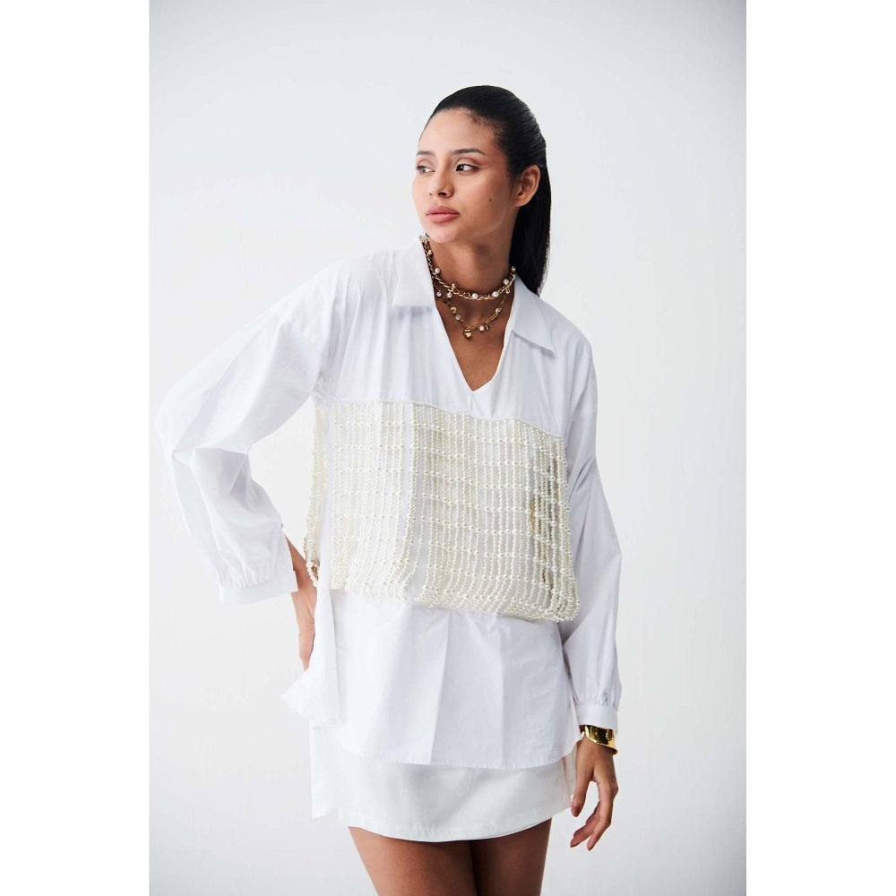 Ivory Rose White City Light Shirt Mini Dress with Pearl Corset
