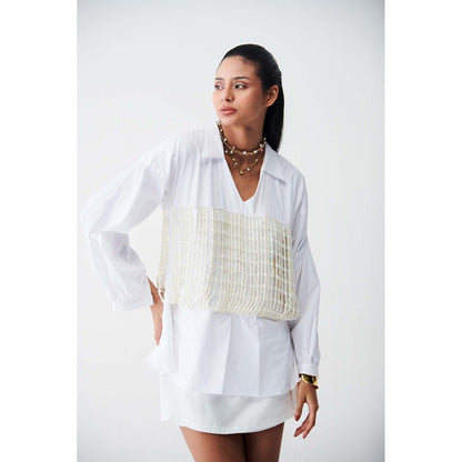 Ivory Rose White City Light Shirt Mini Dress with Pearl Corset