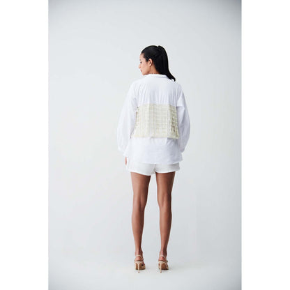 Ivory Rose White City Light Shirt Mini Dress with Pearl Corset