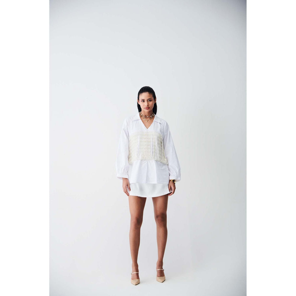 Ivory Rose White City Light Shirt Mini Dress with Pearl Corset