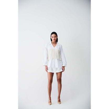 Ivory Rose White City Light Shirt Mini Dress with Pearl Corset