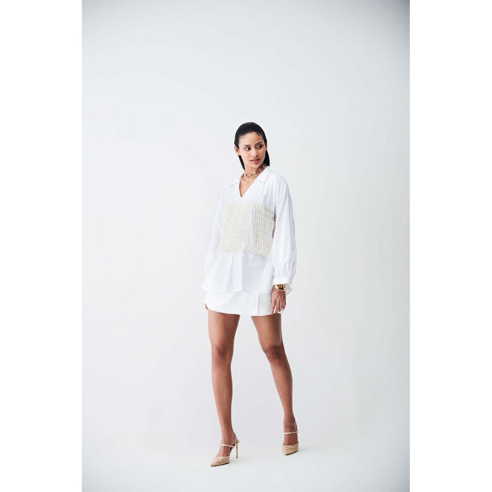 Ivory Rose White City Light Shirt Mini Dress with Pearl Corset
