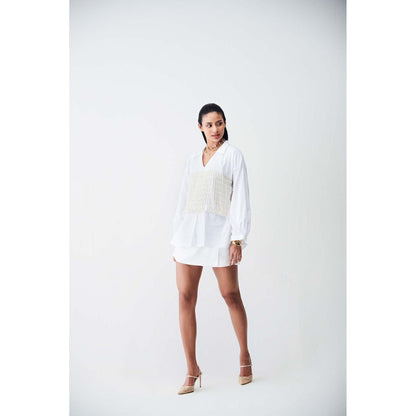 Ivory Rose White City Light Shirt Mini Dress with Pearl Corset