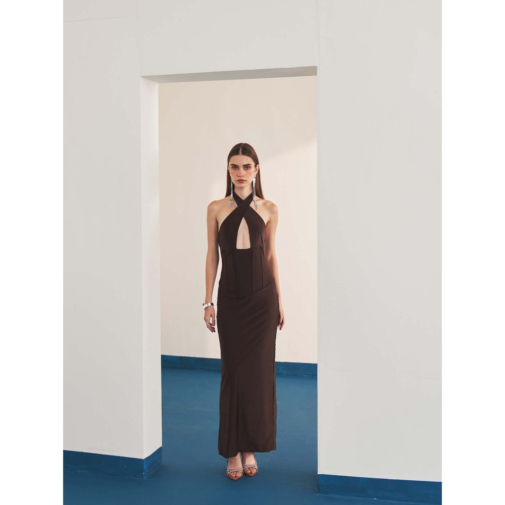 Ivory Rose Brown Nocturnal Lace Maxi Dress