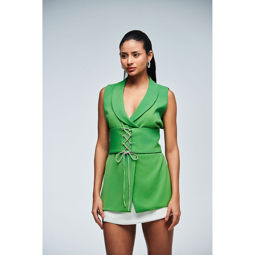 Ivory Rose Green Ava Rhinestone Blazer with Belt (Set of 2)