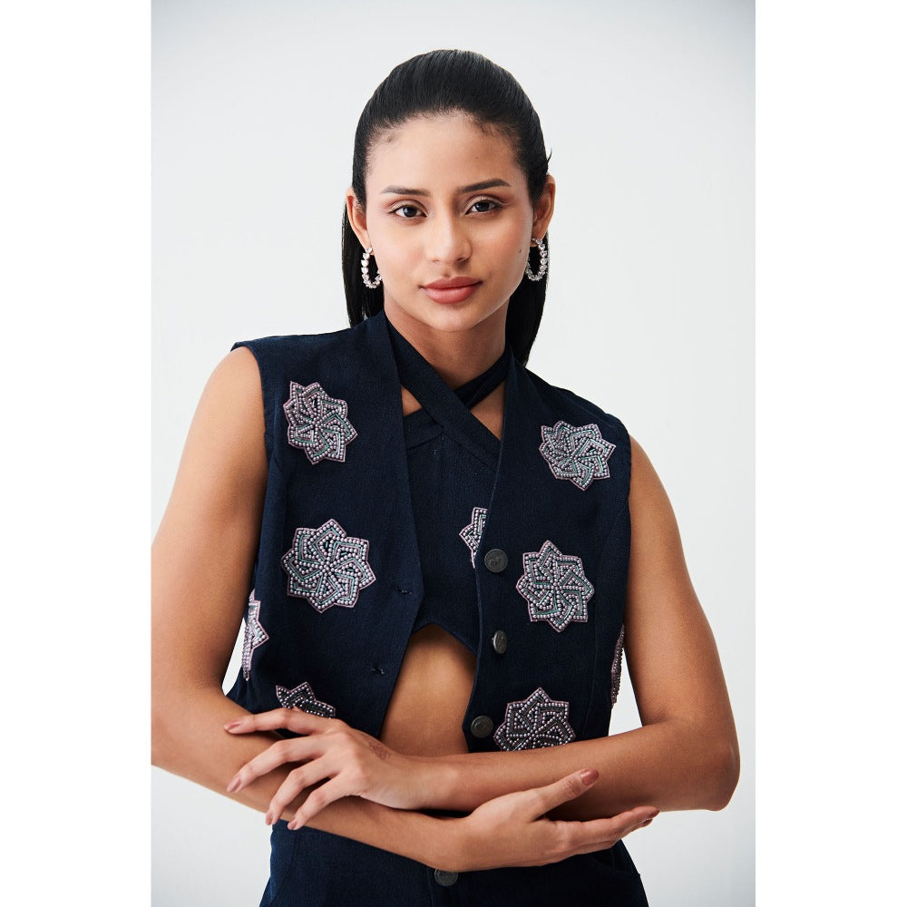 Ivory Rose Blue Sparkling Sunset Dark Denim Waistcoat