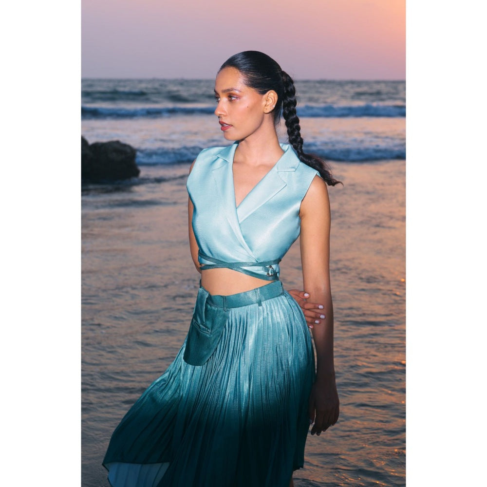 Ivory Rose FORM Blue Crop Top with Jacket and Skirt (Set of 3)