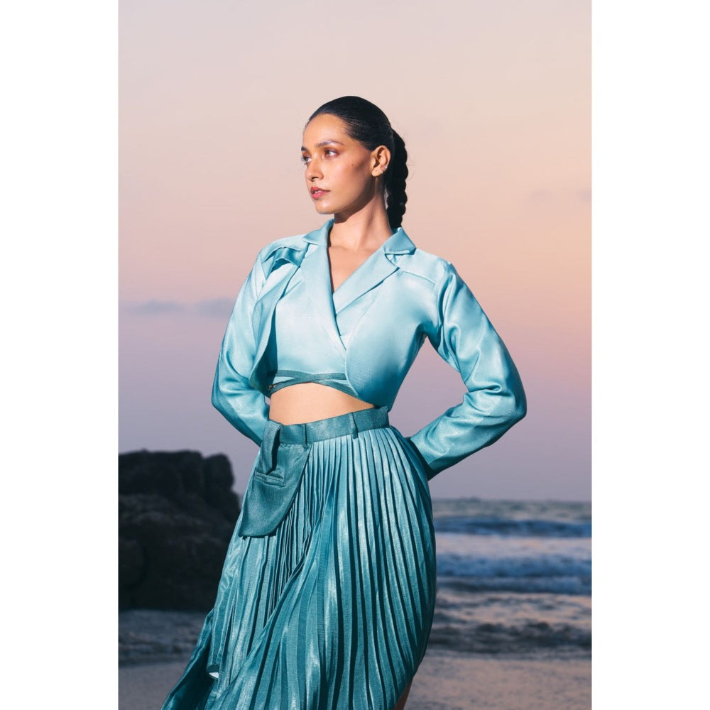 Ivory Rose FORM Blue Crop Top with Jacket and Skirt (Set of 3)