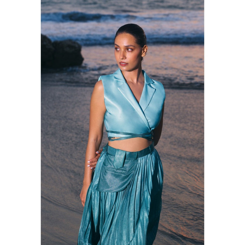 Ivory Rose FORM Blue Crop Top with Jacket and Skirt (Set of 3)