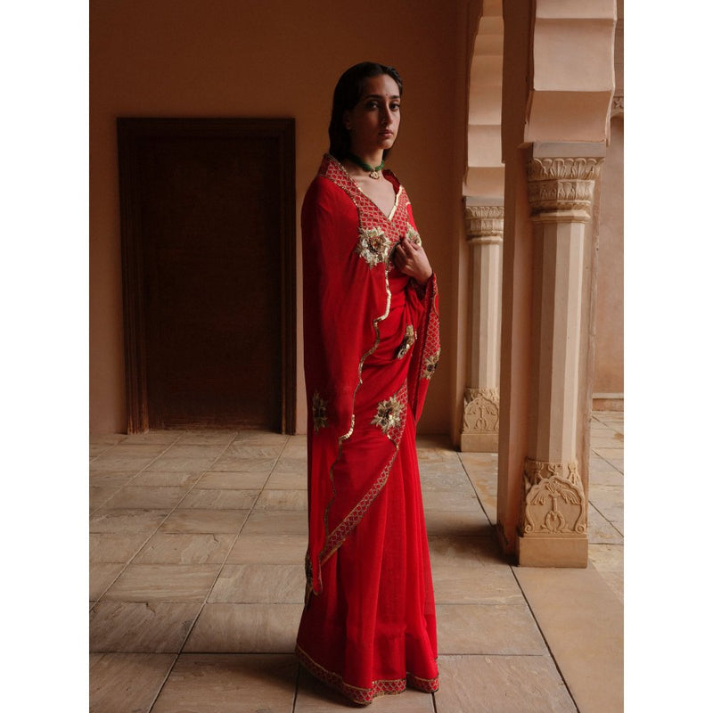 Jadon Sahasrara Red Saree without Blouse