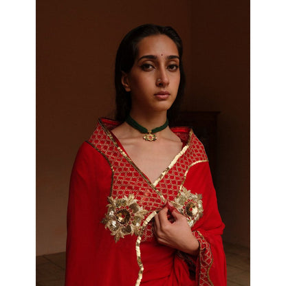 Jadon Sahasrara Red Saree without Blouse