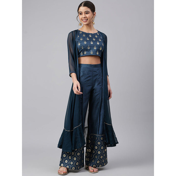 Janasya Teal Poly Silk Foil Print Crop Top with Palazzo and Jacket (Set Of 2)