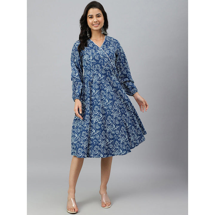 Janasya Navy Blue Cotton Floral Print Angrakha Dress