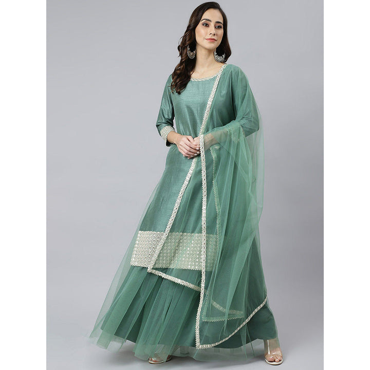 Janasya Mint Green Chinon Solid Kurta with Skirt and Dupatta (Set of 3)