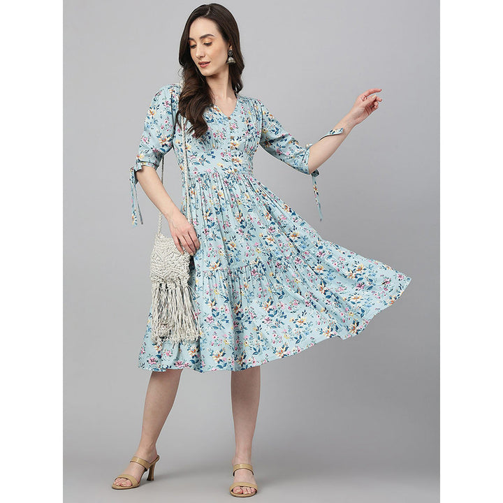 Janasya Blue Crepe Digit Print Flared Dress