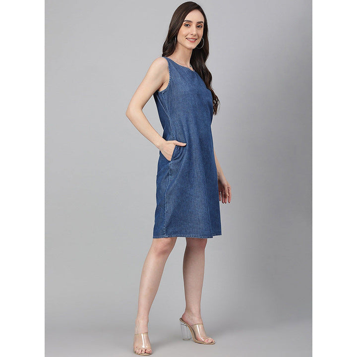 Janasya Blue Denim Solid Straight Dress