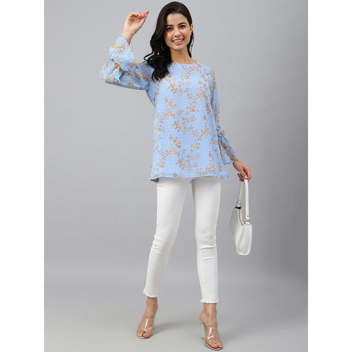 Janasya Sky Blue Dobby Georgette Digital Print A-Line Top