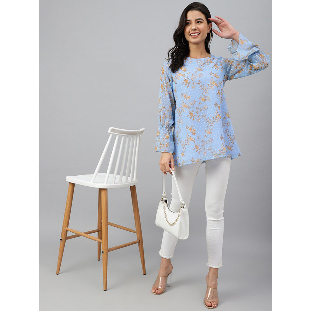 Janasya Sky Blue Dobby Georgette Digital Print A-Line Top