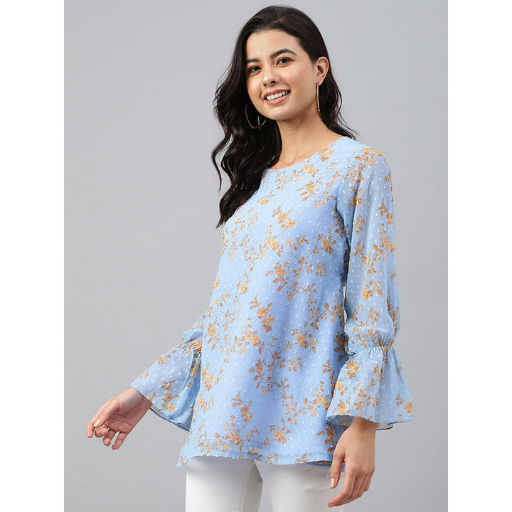 Janasya Sky Blue Dobby Georgette Digital Print A-Line Top