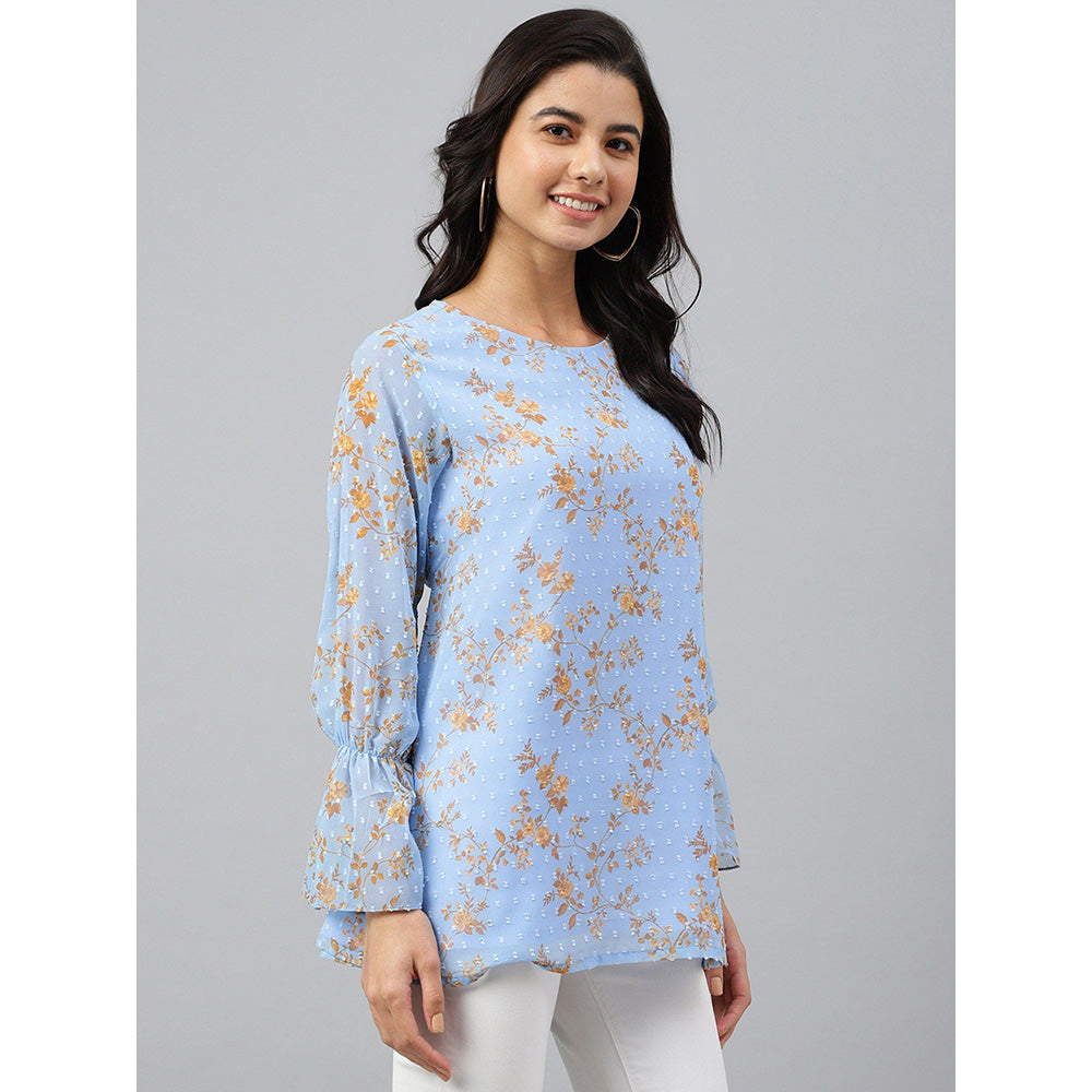 Janasya Sky Blue Dobby Georgette Digital Print A-Line Top