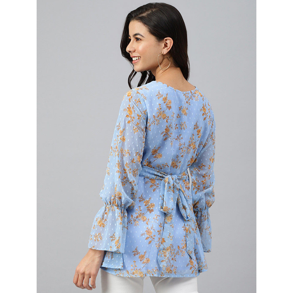 Janasya Sky Blue Dobby Georgette Digital Print A-Line Top