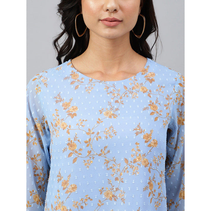 Janasya Sky Blue Dobby Georgette Digital Print A-Line Top