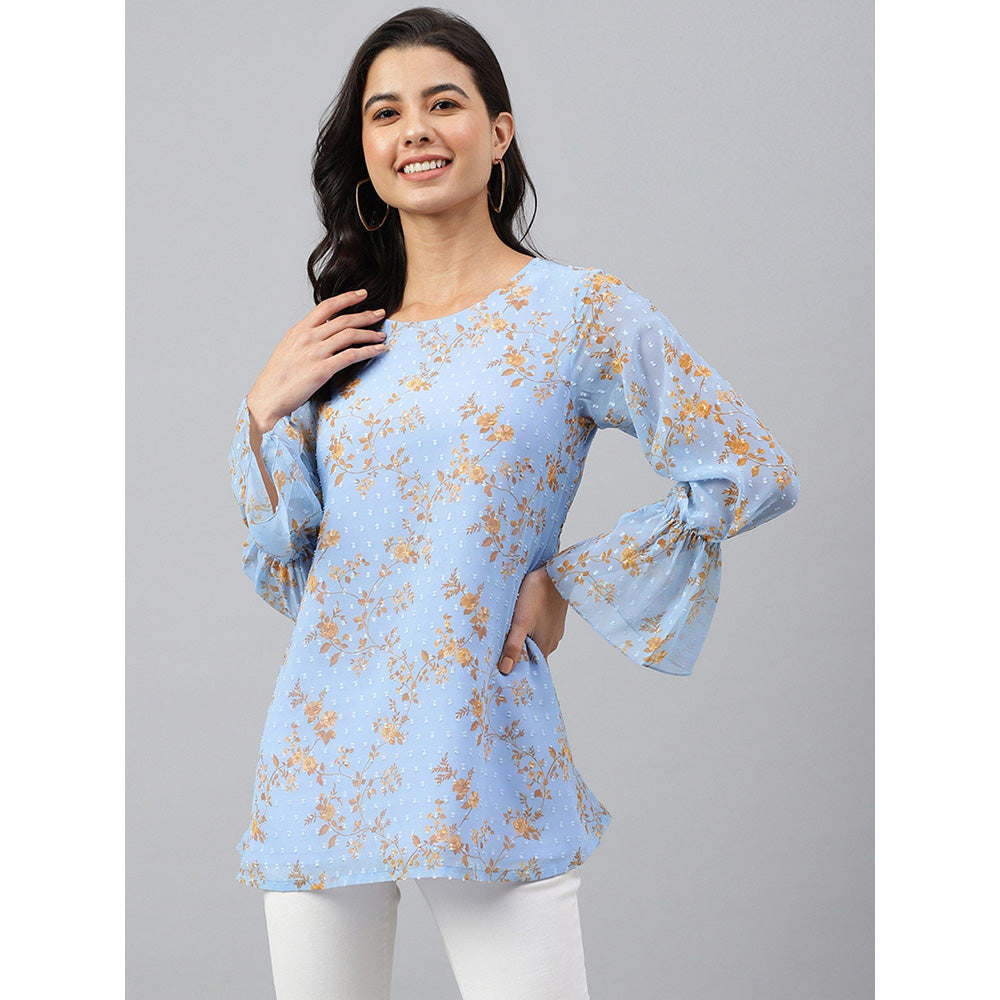 Janasya Sky Blue Dobby Georgette Digital Print A-Line Top