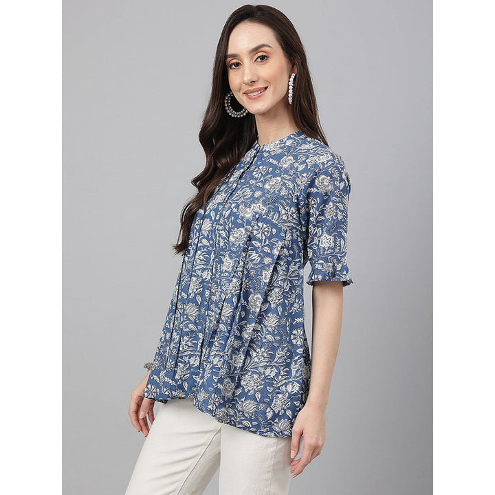 Janasya Blue Cotton Floral Print Flared Top