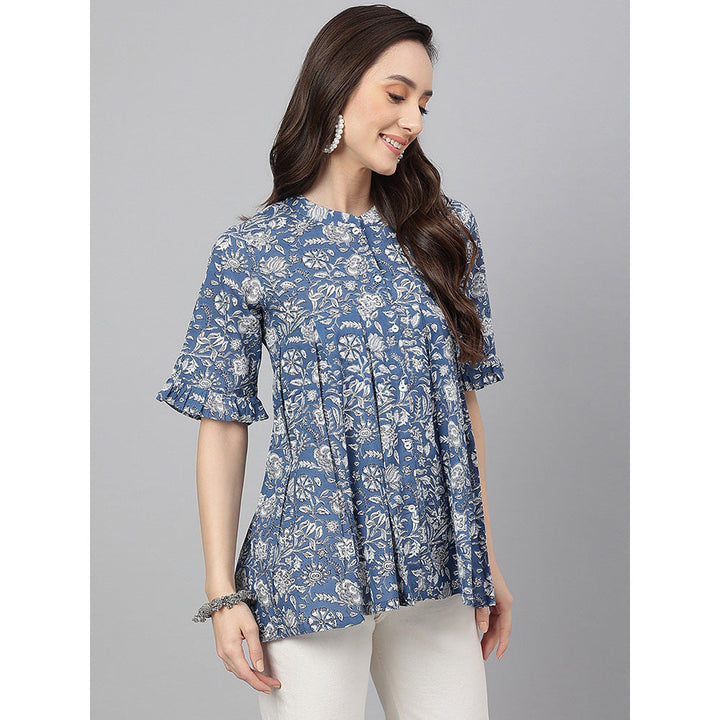 Janasya Blue Cotton Floral Print Flared Top