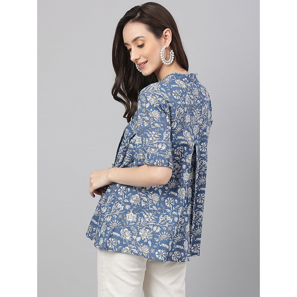 Janasya Blue Cotton Floral Print Flared Top