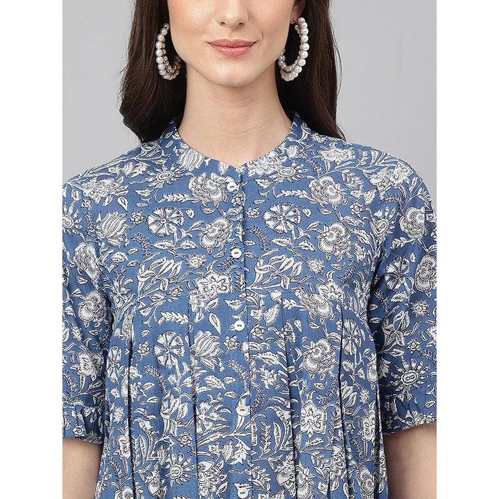 Janasya Blue Cotton Floral Print Flared Top