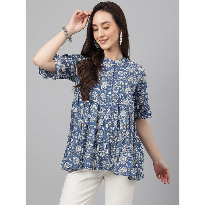 Janasya Blue Cotton Floral Print Flared Top