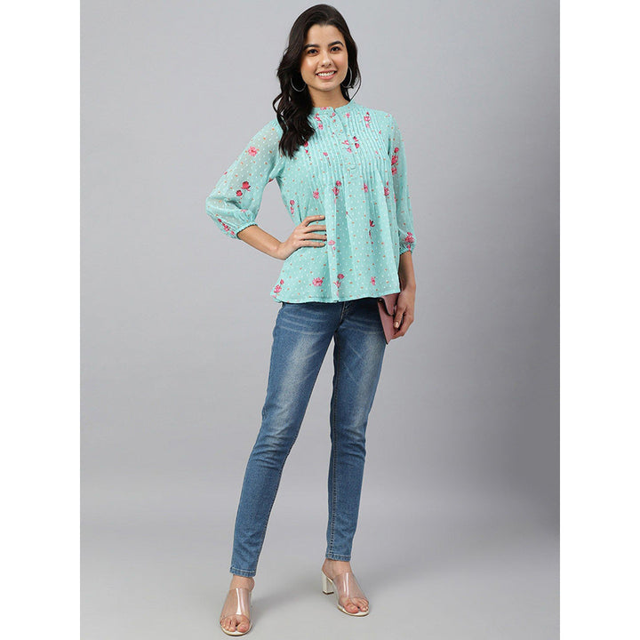 Janasya Sea Green Dobby Georgette Floral Print Flared Top