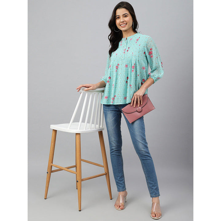 Janasya Sea Green Dobby Georgette Floral Print Flared Top