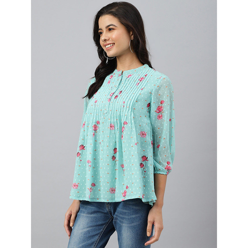 Janasya Sea Green Dobby Georgette Floral Print Flared Top