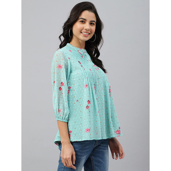 Janasya Sea Green Dobby Georgette Floral Print Flared Top