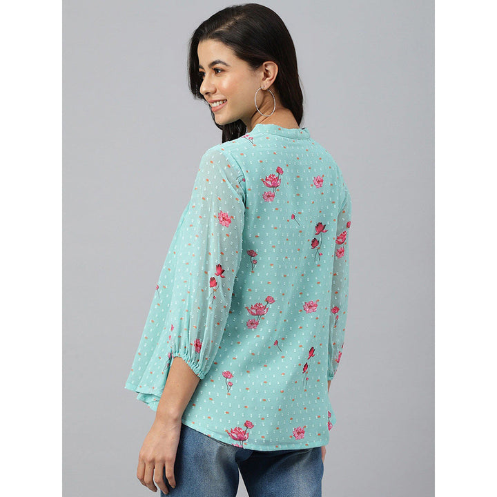 Janasya Sea Green Dobby Georgette Floral Print Flared Top