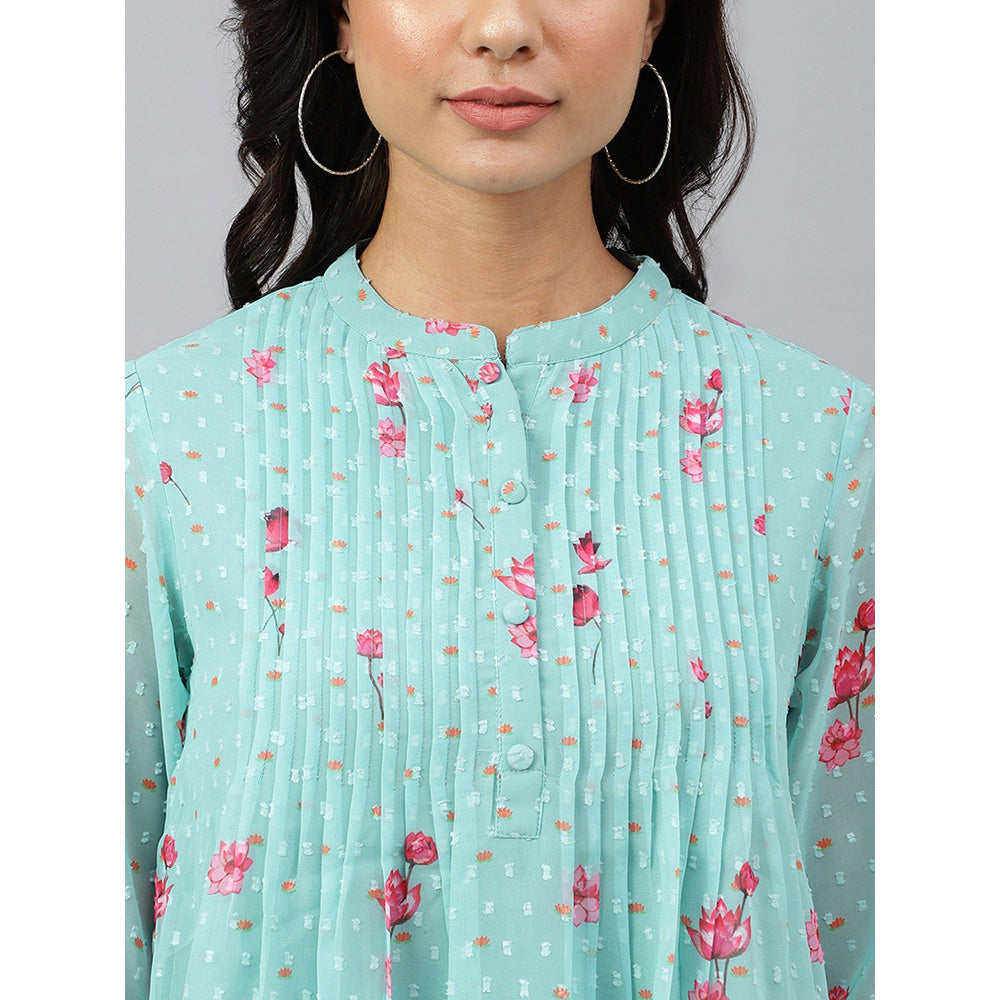 Janasya Sea Green Dobby Georgette Floral Print Flared Top